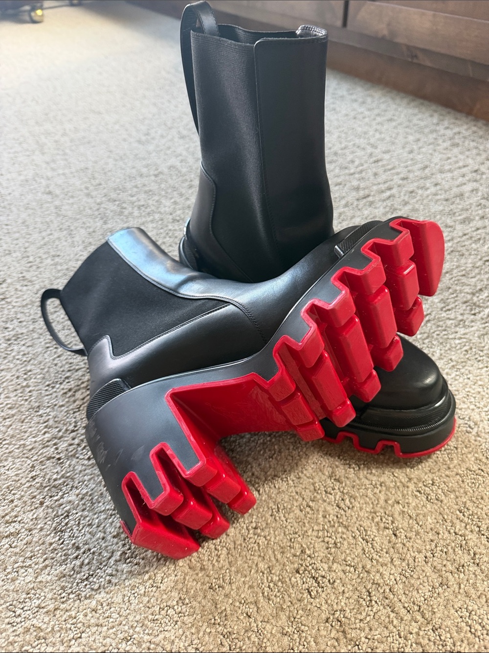 Christian Louboutin Black Leather Combat Chelsea Boots with Red Lug Sole